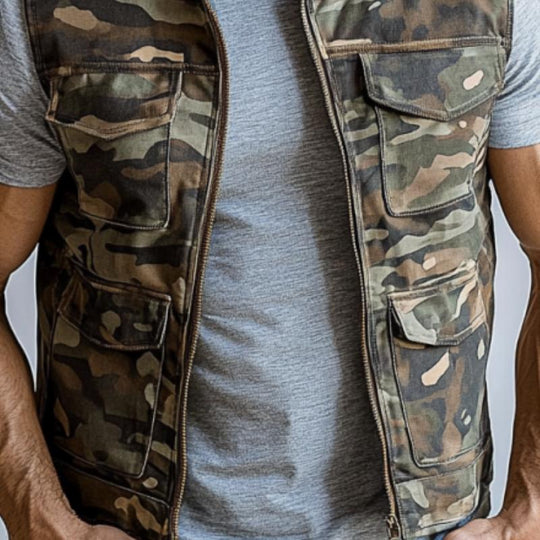 Men's Fashion Camouflage Washed Stand Collar Multi-Pocket Zipper Vest 9888005357752