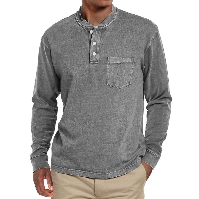 Men's Solid Henley Collar Chest Pocket Long Sleeve T-shirt 9261142278328