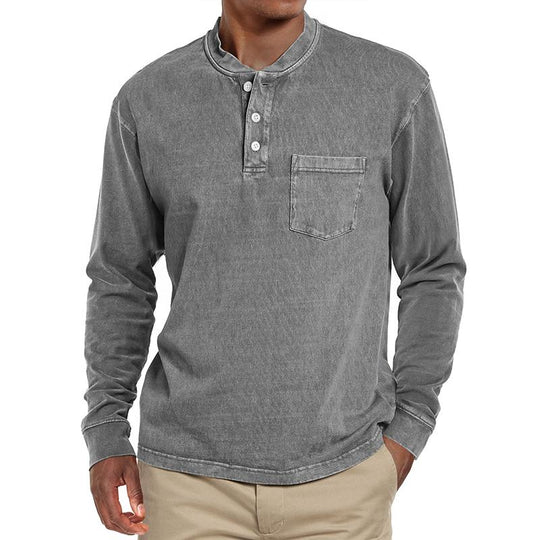 Men's Solid Henley Collar Chest Pocket Long Sleeve T-shirt 9261142278328