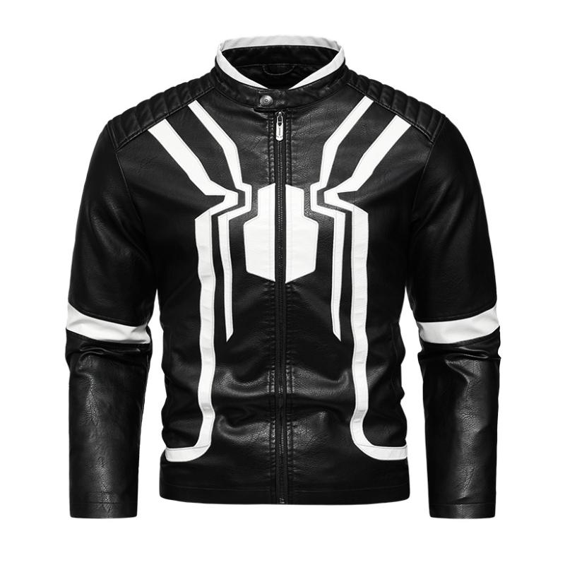 Men's Stylish Spider Embroidered Stand Collar Zipper Motorcycle Leather Jacket 9261090341048