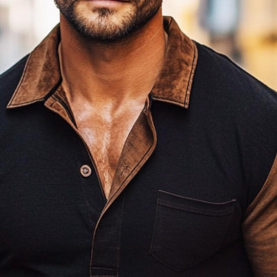 Men's Retro Casual Colorblock Lapel Long Sleeve T-Shirt 9261141655736