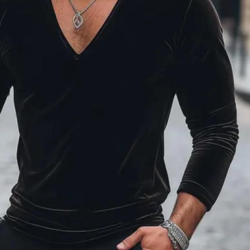 Men's Fashion Velvet V Neck Slim Fit Long Sleeve T-Shirt 9883356364984