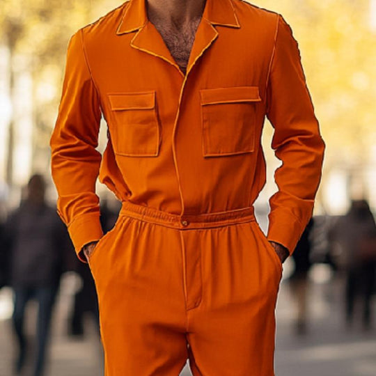 Men's Stylish Orange Lapel Long Sleeve Jumpsuit 9879142629560