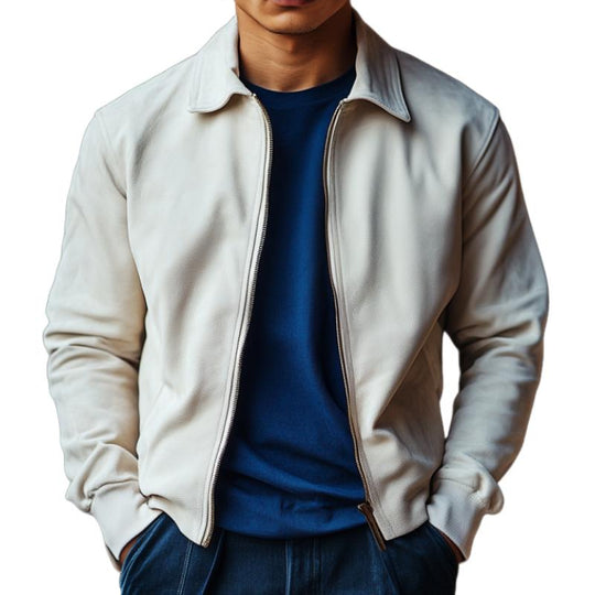 Men's Stylish Casual Solid Color Lapel Zipper Suede Jacket 9888007323832