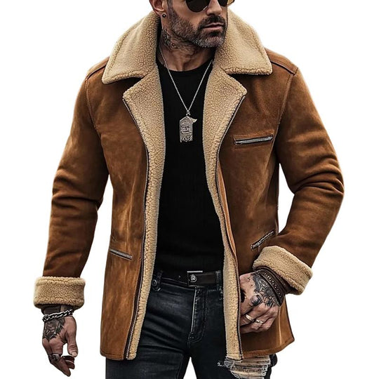 Men's Fleece Suede Lapel Suede Single Breasted Multi-pocket Coat 9261105250488