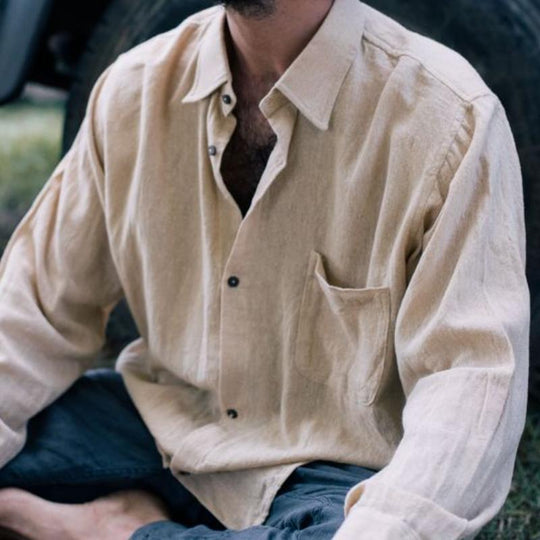 Men's Casual Cotton Linen Lapel Loose Long-sleeved Shirt 9885320315064