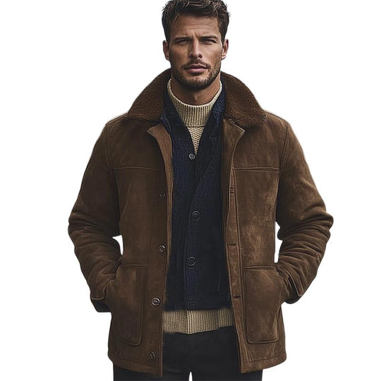 Men's Brown Suede Fur Collar Short Coat 9261109936312