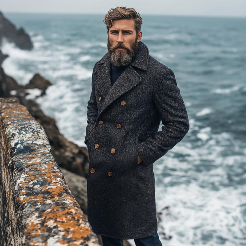 Men's Vintage Wool Blended Notch Lapel Double-breasted Knee-length Coat 9261105840312