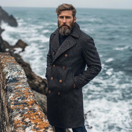 Men's Vintage Wool Blended Notch Lapel Double-breasted Knee-length Coat 9261105840312