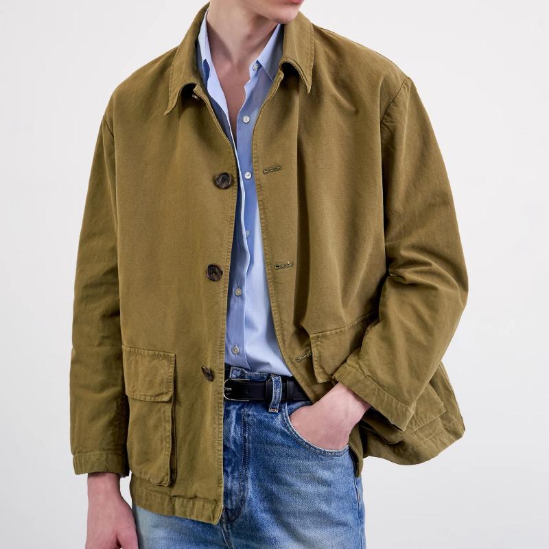 Men's Casual Canvas Lapel Flap Pocket Loose Jacket 9880239374520