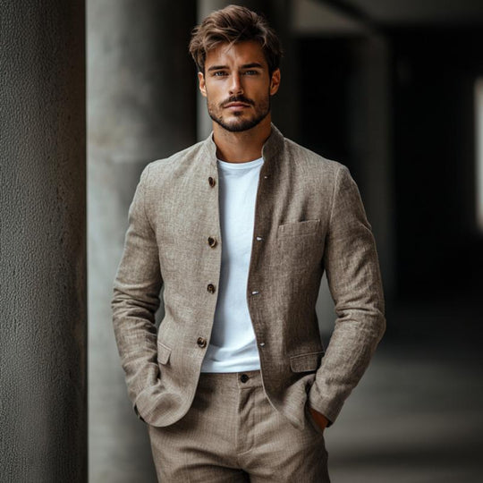 Men's Casual Linen Stand Collar Single Breasted Slim Fit Blazer 9880239276216