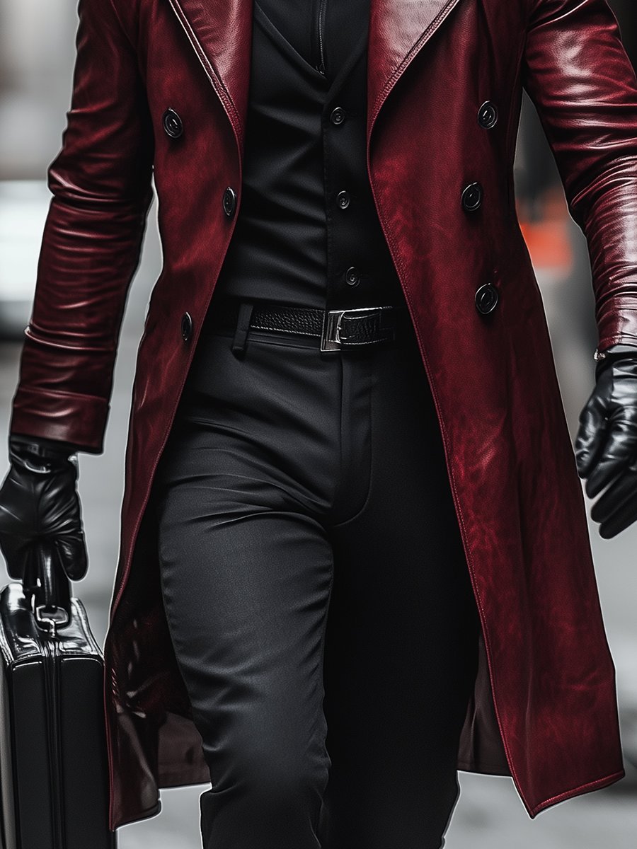 Men's Vintage Contrast Lapel Double-breasted Leather Coat 9888734511288
