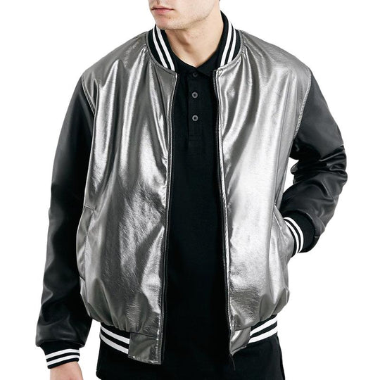 Men's Stylish Silver Leather Patchwork Baseball Jacket 9887361269944