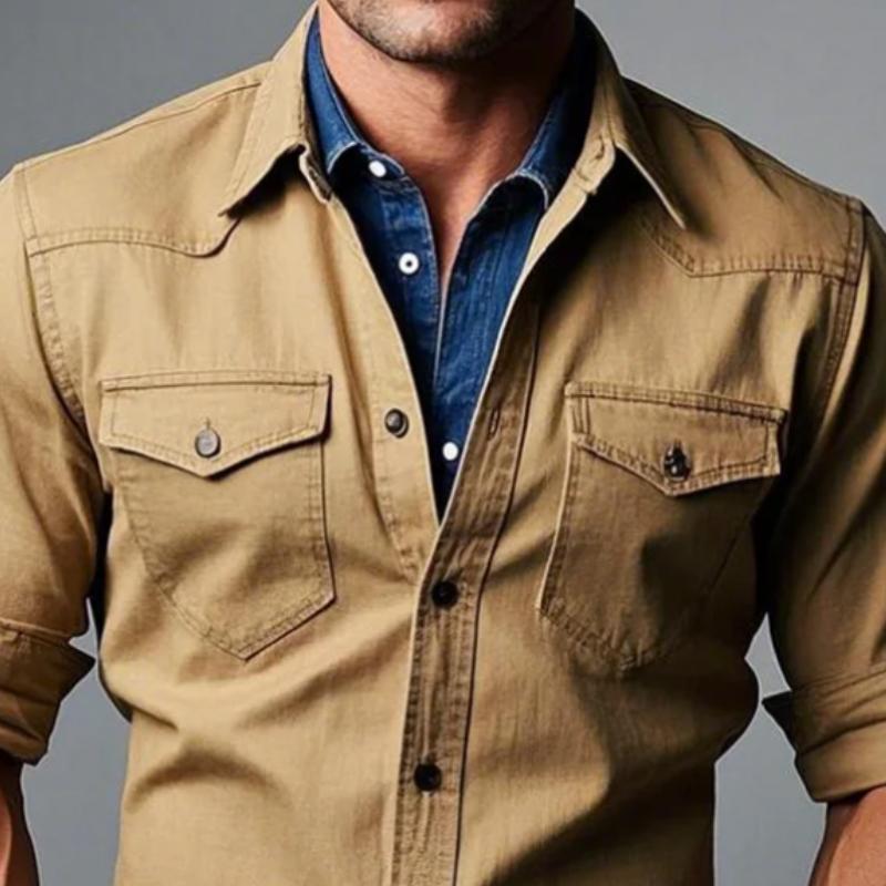 Men's Vintage Double Chest Pockets Single Breasted Long Sleeve Shirt 9885321429176