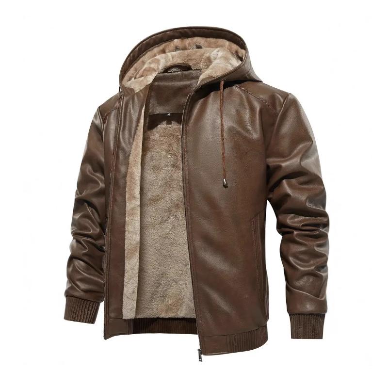 Men's Vintage Fleece Warm Zip Hooded Leather Jacket 9261089489080