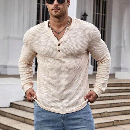 Men's Classic Casual Button V-Neck Slim Fit Long Sleeve T-Shirt 9261142376632