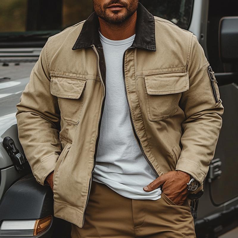 Men's Colorblock Lapel Multi-pocket Zipper Cargo Jacket 9873521311928