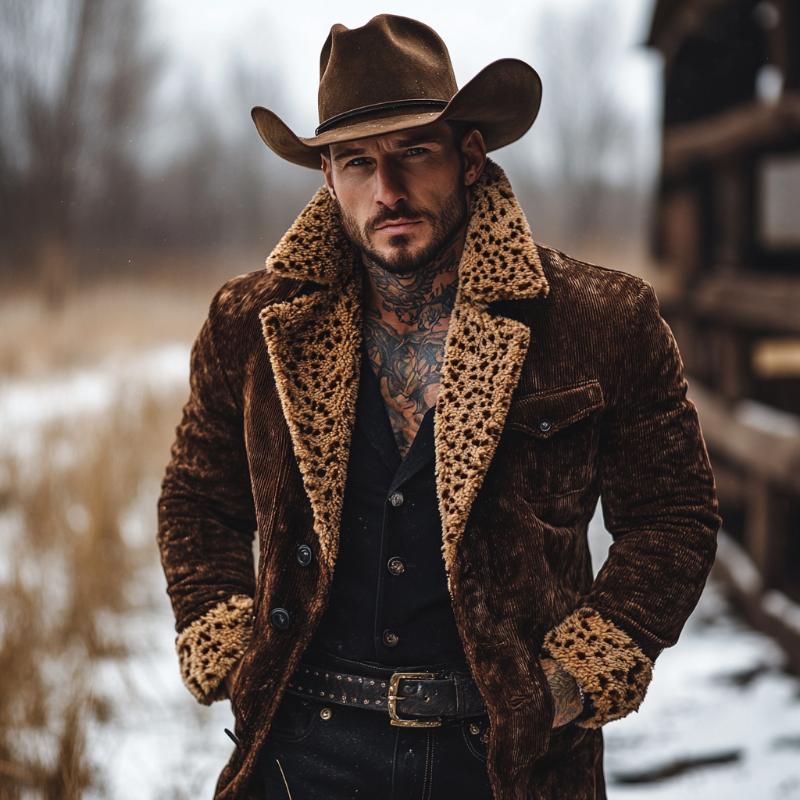 Men's Vintage Solid Color Corduroy Splicing Fur Collar Long Coat 9261103874232