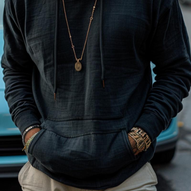 Men's Retro Solid Kangaroo Pocket Hoodie DTT25082008