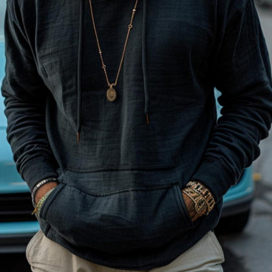 Men's Retro Solid Kangaroo Pocket Hoodie DTT25082008