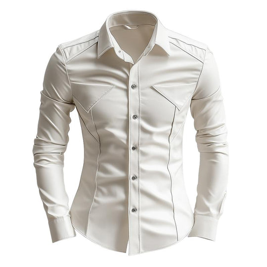 Men's Classic Edgy Slim Lapel Long Sleeve Leather Shirt 9877644738744