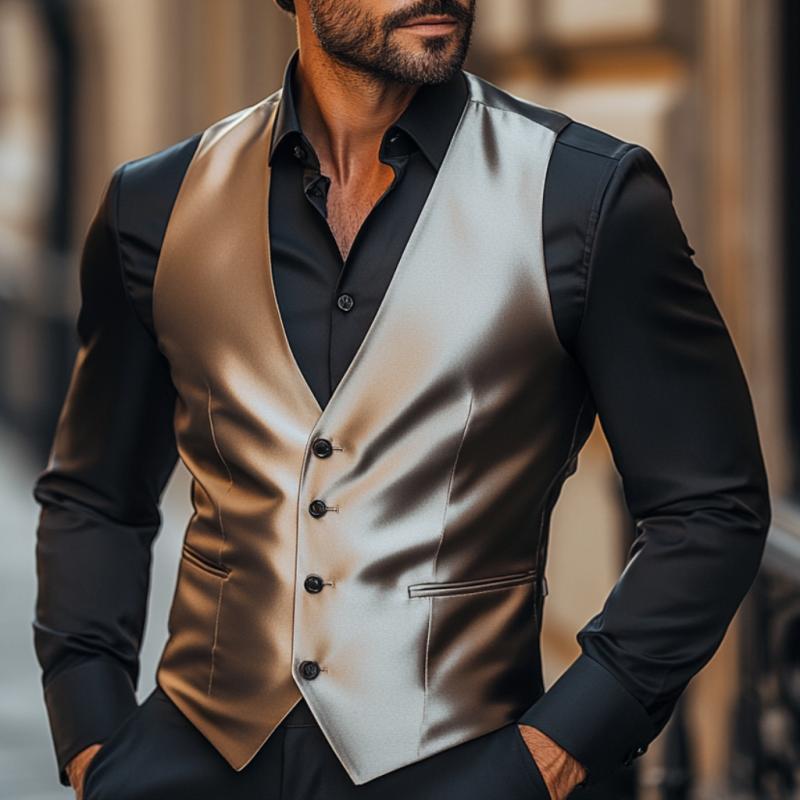 Men's Vintage Satin V-neck Single-breasted Suit Vest 9877644247224