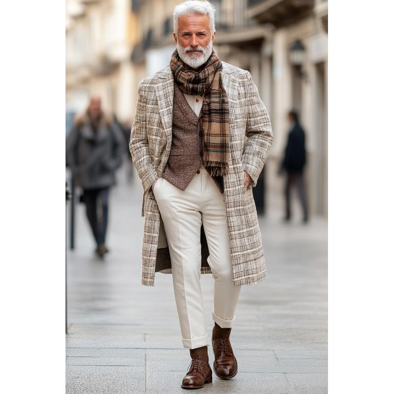 Men's Retro Plaid Printed Woolen Mid-Length Coat 9261109412024