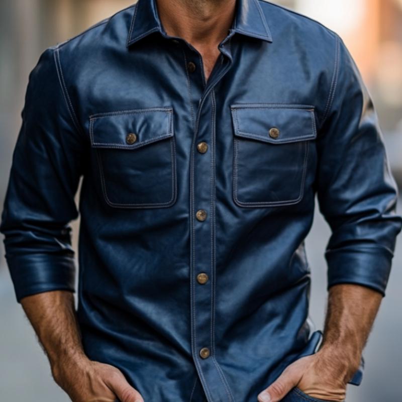 Men's Casual Dark Blue Lapel Long Sleeve Leather Shirt 9879658856632