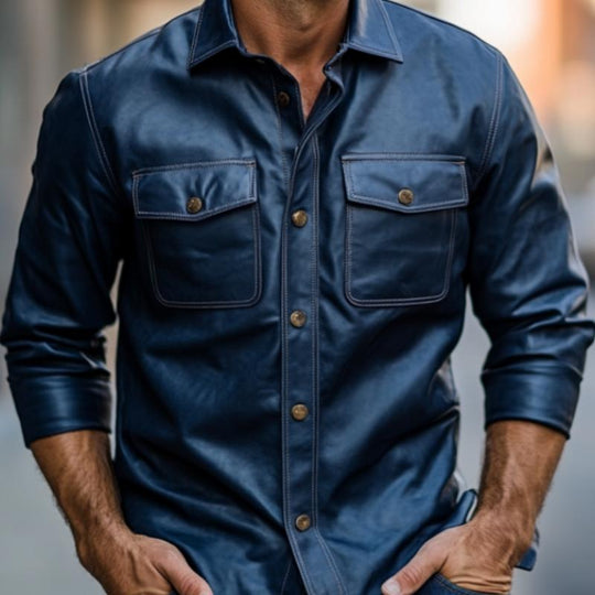 Men's Casual Dark Blue Lapel Long Sleeve Leather Shirt 9879658856632