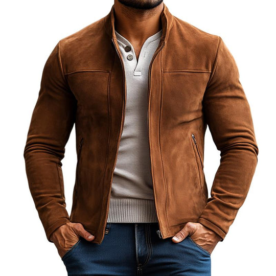 Men's Fashion Solid Color Suede Stand Collar Zipper Jacket 9886818369720