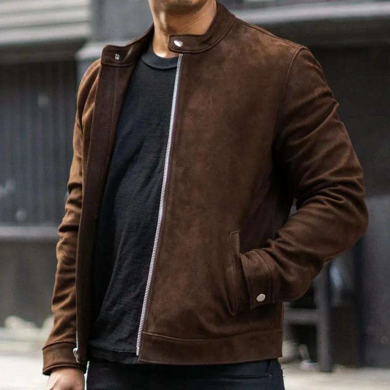 Men's Solid Color Suede Stand Collar Zipper Jacket 9882788823224