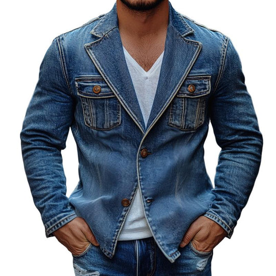 Men's Fashion Washed Notch Lapel Two Buttons Denim Jacket 9885838901432