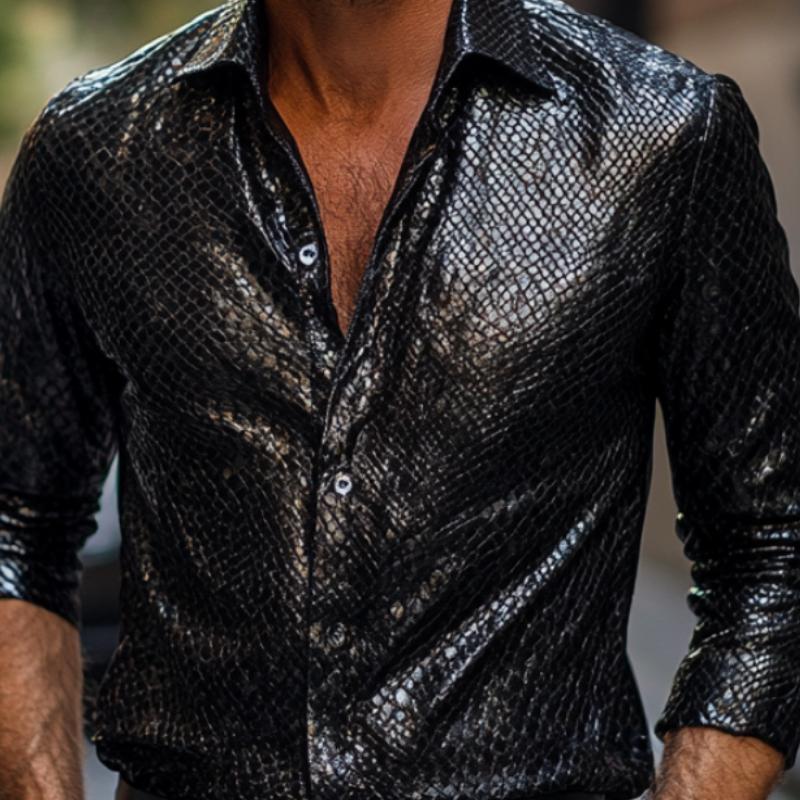 Men's Lapel Textured Leather Long Sleeve Shirt 9888004112568