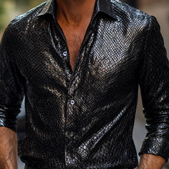 Men's Lapel Textured Leather Long Sleeve Shirt 9888004112568