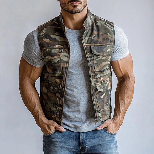 Men's Fashion Camouflage Washed Stand Collar Multi-Pocket Zipper Vest 9888005357752