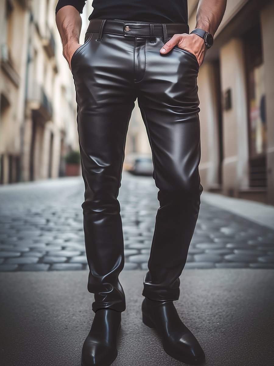 Men's Stylish Casual Solid Leather Pants 9888735887544