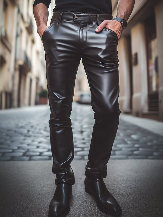 Men's Stylish Casual Solid Leather Pants 9888735887544