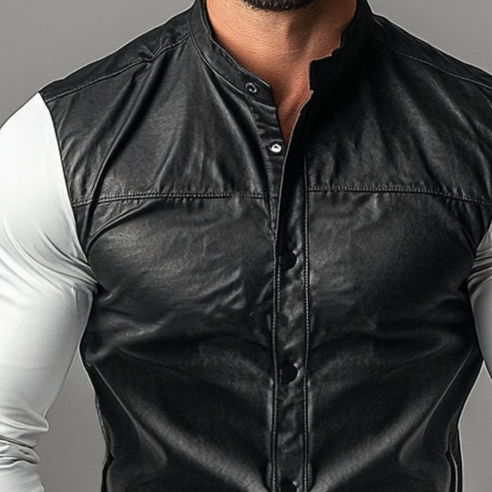 Men's Fashion Colorblock Stand Collar Single Breasted Leather Shirt 9887362777272