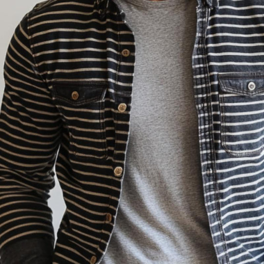 Men's Vintage Stripes Double Chest Pockets Cargo Long Sleeve Shirt 9888005259448