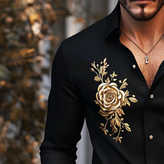 Men's Retro Casual Embroidered Lapel Long Sleeve Shirt 9885838606520
