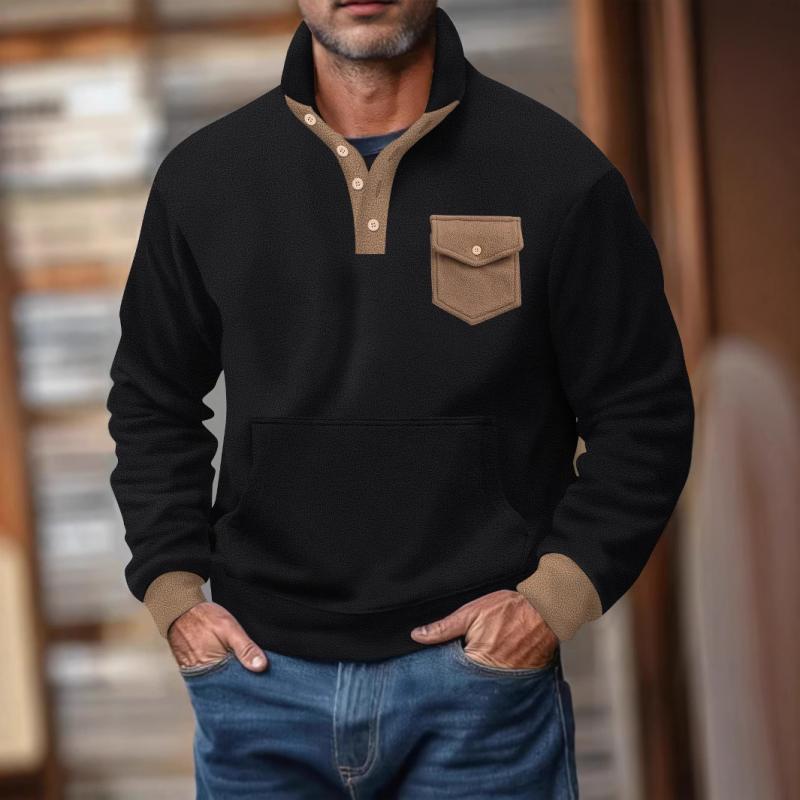 Men's Polar Fleece Colorblock Stand Collar Chest Pocket Long Sleeve Sweatshirt 9879142432952