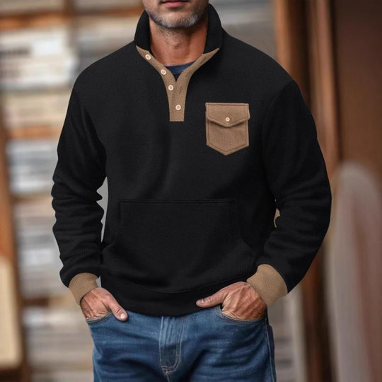 Men's Polar Fleece Colorblock Stand Collar Chest Pocket Long Sleeve Sweatshirt 9879142432952