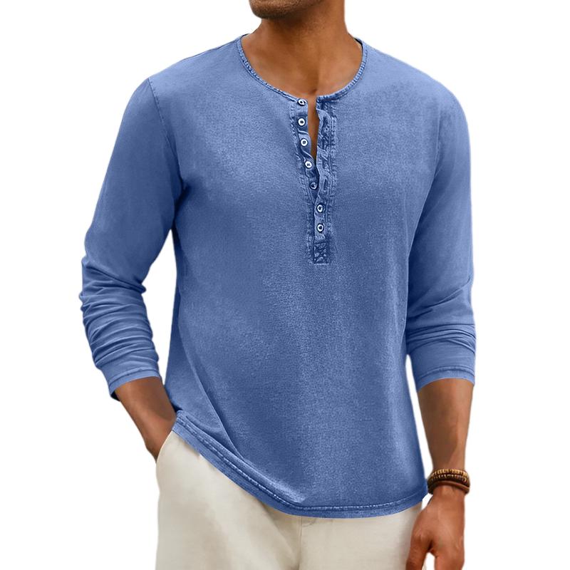 Men's Casual Distressed Henley Collar Slim Fit Long Sleeve T-Shirt 9261139558584