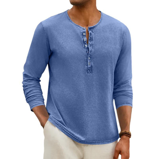 Men's Casual Distressed Henley Collar Slim Fit Long Sleeve T-Shirt 9261139558584