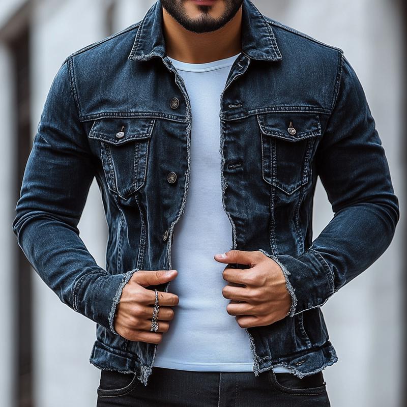 Men's Fashion Distressed Brushed Lapel Single Breasted Denim Casual Jacket 9877217050808