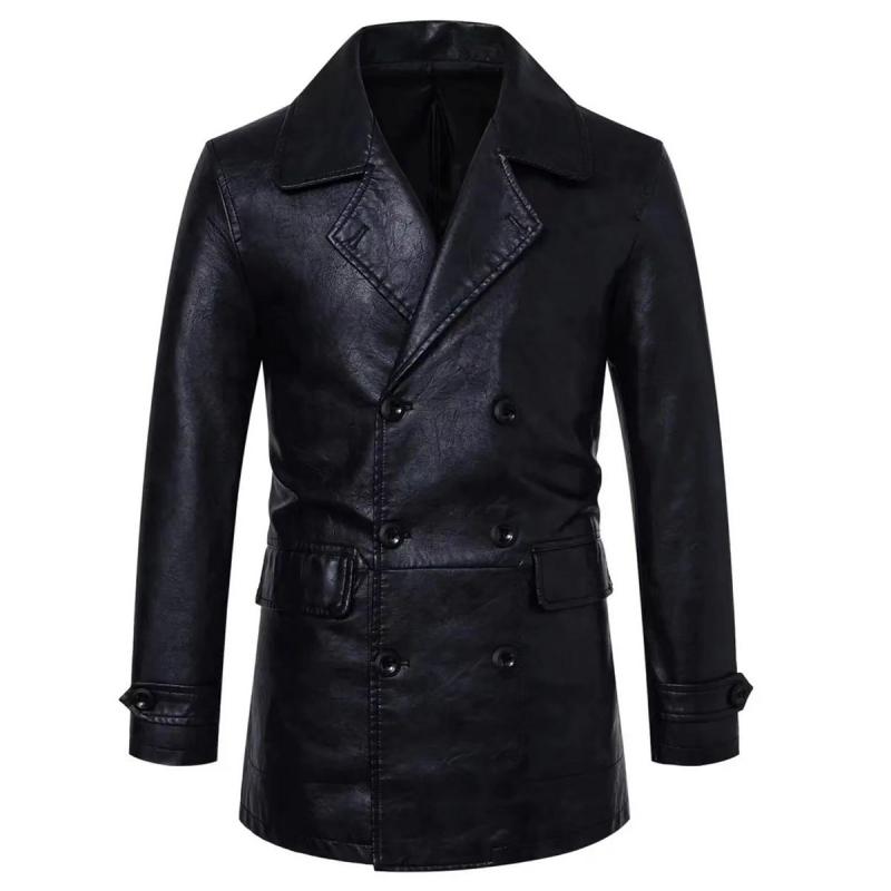 Men's Solid Color Lapel Double-Breasted Mid-Length Pu Leather Trench Coat 9261112164536