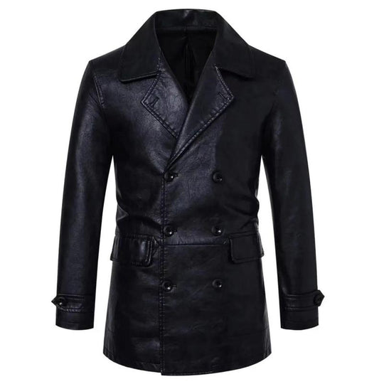 Men's Solid Color Lapel Double-Breasted Mid-Length Pu Leather Trench Coat 9261112164536