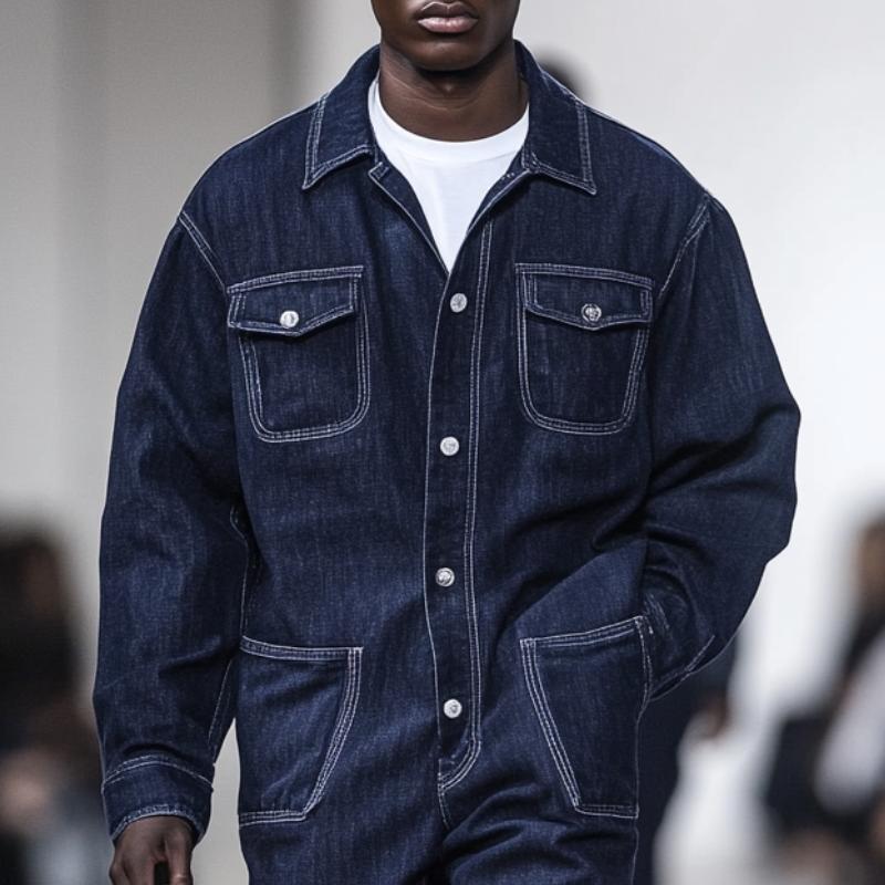Men Fashion Multi-pocket Single-breasted Lapel Long-sleeved Denim Jumpsuit 9884643983544