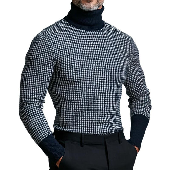Men's Retro Casual Houndstooth Turtleneck Long Sleeve T-Shirt 9261141983416