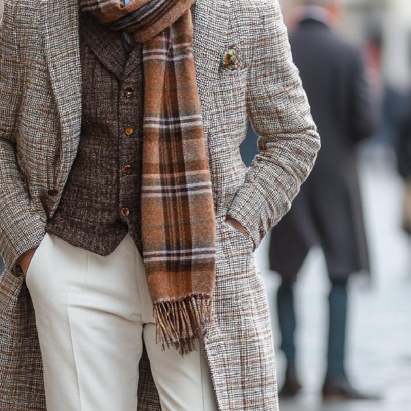 Men's Retro Plaid Printed Woolen Mid-Length Coat 9261110558904
